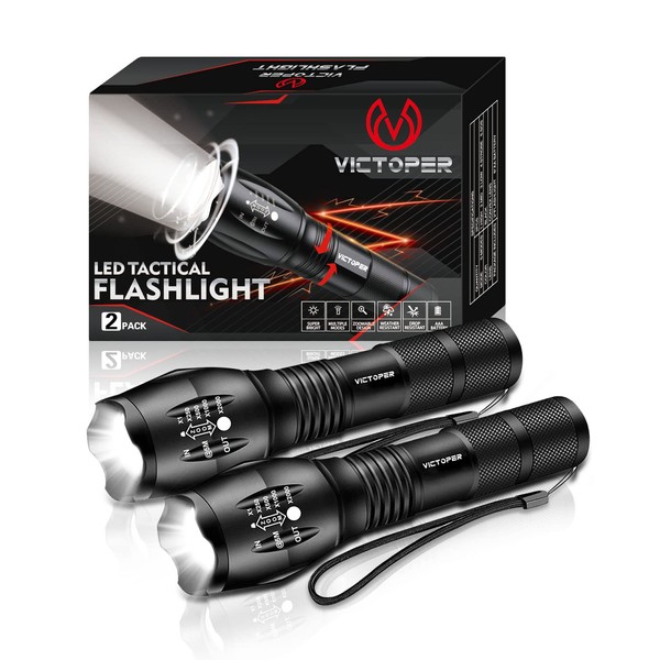 Victoper LED Tactical Torch Set [2 Pack], Super Bright Portable LED Torch, 1000 Lumens 5 Modes Zoomable Waterproof Tactical Flashlight 3*AAA Home Use and Outdoors Activities & Emergency