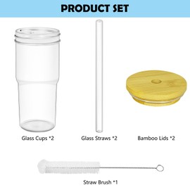 Artcome 2 PC 24oz Glass Cup Set with Bamboo Lids, Large-bore Glass Straws - Wide Mouth Mason Jars - Drinking Glass, Ice Coffee Cup, Smoothie Tumbler, Travel Muge, Boba Cup, Beer Glass - Ideal Gift