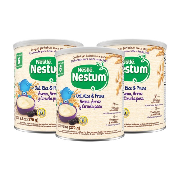 Nestle Nestum Infant Cereal, Oat, Rice & Prune, Made for Infants 6 Months, 9.5 Ounce Canister (Pack of 3)