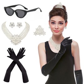 Horolam 6 Pieces 1920s Accessories, Holly Golightly Costume 20s Accessories Pearl Necklace Earrings Gloves Sunglasses for Women (Fashion)