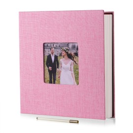 HoneyTolly Large Photo Album Self Adhesive with Picture Display Window, DIY Scrapbook Album for 4x6 8x10 Pictures, 40 Pages Linen Cover Memory Book with Scraper and Metallic Pen(Pink)