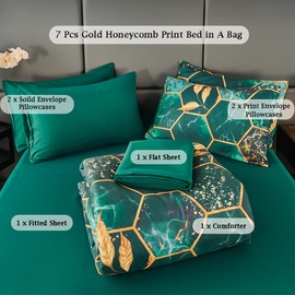 ZRNBAST Green Gold Hexagon Full Comforter Set with Sheets 7 Pcs Marble Honeycomb Full Size Bed in A Bag with Gold Trim Print Lightweight Forest Green Bed Set (Emerald Green, Full)