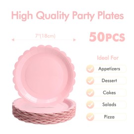 PARTY GO 50Pcs Pink Paper Plates 7" 18cm, Party Plates Disposable Supplies Pack for Birthday, Baby Shower, Holiday Wedding Graduation Party Decorations
