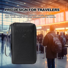 DAITET Passport Holder PU Leather Wallet for Men & Women, RFID Blocking Travel Wallet, Passport Holder Card Slots Document Organizer Wrist Strap (Black)