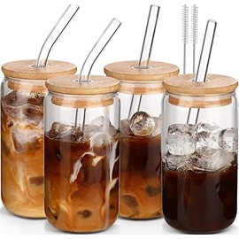 Glass Cups with Lids and Straws 4 pcs,16 oz Glass Cups for Coffee Bar Accessories-DWTS DANWEITESI Iced Coffee Cups with Lids,Drinking glasses Set,Coffee Cups Glass Tumbler with Straw and Lid for Gifts