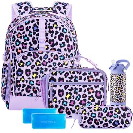 Choco Mocha Cheetah Backpack School Backpack Set for Girls, Kids Backpacks and Lunch Box Set with Water Bottle Elementary School 17 Inch Bookbag, Purple