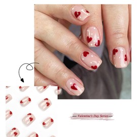 Valentine's Day Press on Nails Short Square Red Heart Fake Nails French Romantic Design Glossy Acrylic Fake Nail with Nail Glue Nude Pink Stick on Nails Cute False Nails for Women and Girls 24Pcs