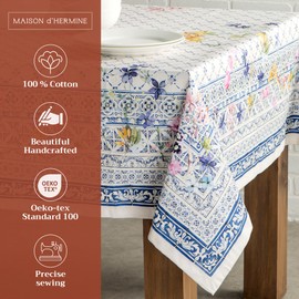Maison d' Hermine Tablecloth 54"x54" - Faience Pattern - Square Decorative Cotton Tablecloth for Dining Room, Home, Farmhouse, Parties, Outdoor, Boho & Wedding - Ideal for Spring & Summer