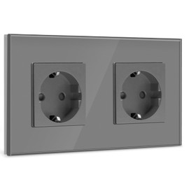 BSEED 2-Way Schuko Socket, Glass Flush-Mounted Socket, Sockets with Crystal Glass Panel, Double Wall Sockets, 16 A, EU Standard Extension Sockets, Grey, 157 mm