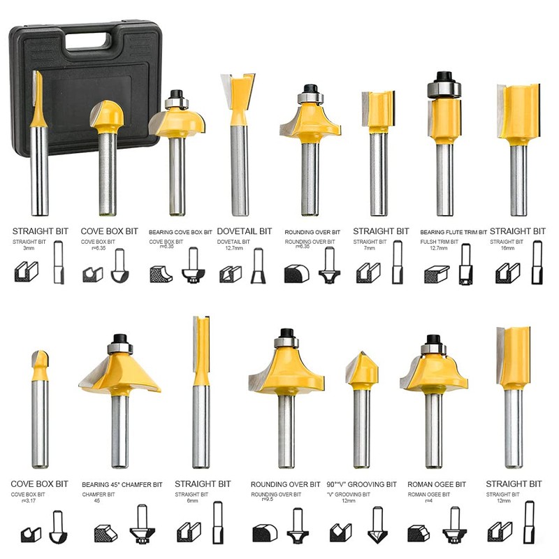 15-Piece Milling Cutter Set for Routers, Multi-Purpose Carbide Cutter 6.35