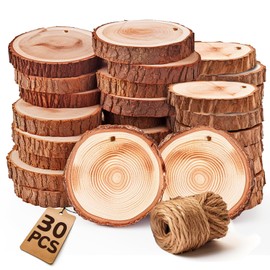 Hanne Meow Coasters Wood Slices Burning Kit :Unfinished Natural Crafts with Bark 30 Pcs 2.4-2.8 inch Hemp Rope Suspension Hole Kids DIY Arts Christmas Ornament Rustic Wedding Decorations