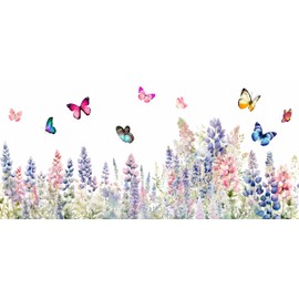 Butterfly Lavender Weeds Wildflower Wall Stickers Decals, Colorful Flower Floral Wallpaper Mural for Nursery Kitchen Home