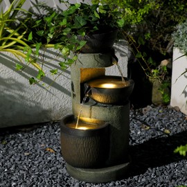 Bumilgar 3-Tier Natural Bowl Cascading Garden Water Fountain with LED Lights - Water Fountain Outdoor Indoor Decor for Garden, Patio, Deck, Porch and Office Living Room Home Art Decor 10"x9"x20"