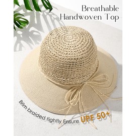 FURTALK Beach Hats for Women Summer Straw Sun Hat Wide Brim Crochet Hats Beige