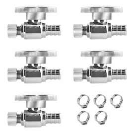 WiseWater Straight Stop Valve 1/2" PEX x 1/4" Compression, 1/4 Turn with 5 Stainless Steel Clamps for Easy Installation, Heavy Duty Chrome Brass PEX Shut Off Valve for Sink & Toilet (5-Pack)