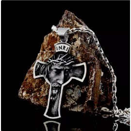 Fashion Jewelry JESUS CROSS BLACK GRAY RELIGIOUS CRUCIFIX Pendant GERMAN Silver 24" Necklace Men
