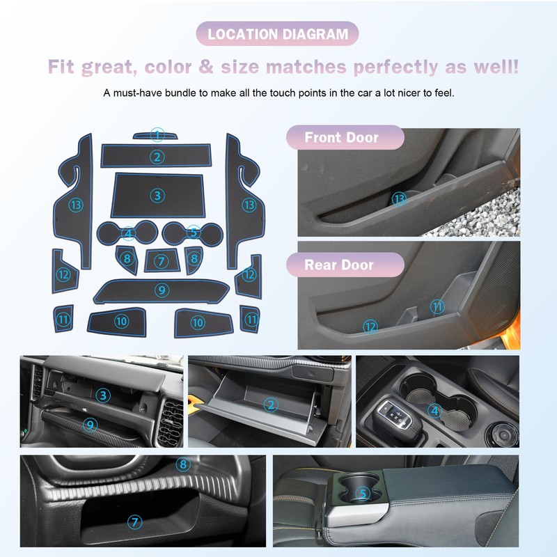 LUWU 2024 Ford Ranger Center Console Liners - XL/XLT/Lariat/Raptor Cup