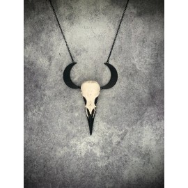 Raven Ranch Studio Crescent Moon Raven Skull Necklace - Skull With Horns Goth Bird Skull Jewelry