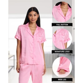 bebe Women's Silky Satin Bridesmaid Pajama Set – Button-Down Short Sleeve Sleepwear in Luxe Patterns (Aurora Pink, Small)