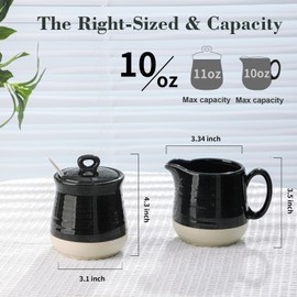 Tikooere Ceramic Sugar and Creamer Container Set of 3,10 Ounce Cream Pitcher,11 Ounce Sugar Bowl with Lid and Spoon,Farmhouse Coffee Bar Accessories Set for Serving,Microwave & Dishwasher Safe,Black