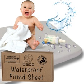 bisoo Cot Sheets 30x40 in / 75x100 cm Fitted Waterproof 2in1 - Fitted Sheet + Cot Bed Mattress Protector - Baby Cots Beds & Cribs - Soft & Silent - 100% Jersey Cotton Oeko-Tex - Gray