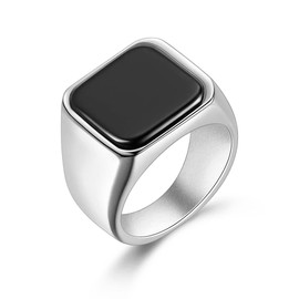 Confede Silver Signet Ring Black Onyx for Men Stainless Steel Classic Band Ring Size 8