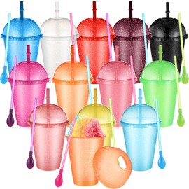 Teenyyou 12 Pcs 16 oz Slushie Cups with Dome Lids and Straws 2-in1 Detachable Spoon Straws Plastic Iced Coffee Cups Milk Maker Cup for Birthdays Summer Party Supplies, Multiple Colors