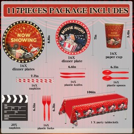 LASLU Movie Night Supplies,Drive In Movie Party Tableware Set Include Now Showing Plates, Movie Night Plates, Napkins, Tablecloth for Movie Night Party Decorations,16 Guests