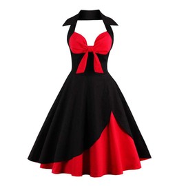 Women Vintage Polka Dot 1950s Rockabilly Halter Audrey Hepburn Dress Retro 50's 60's Wedding Bridesmaid Party Floral Print Halter V Neck Short Prom Evening Gown Cocktail Tea Swing Dress Black & Red S
