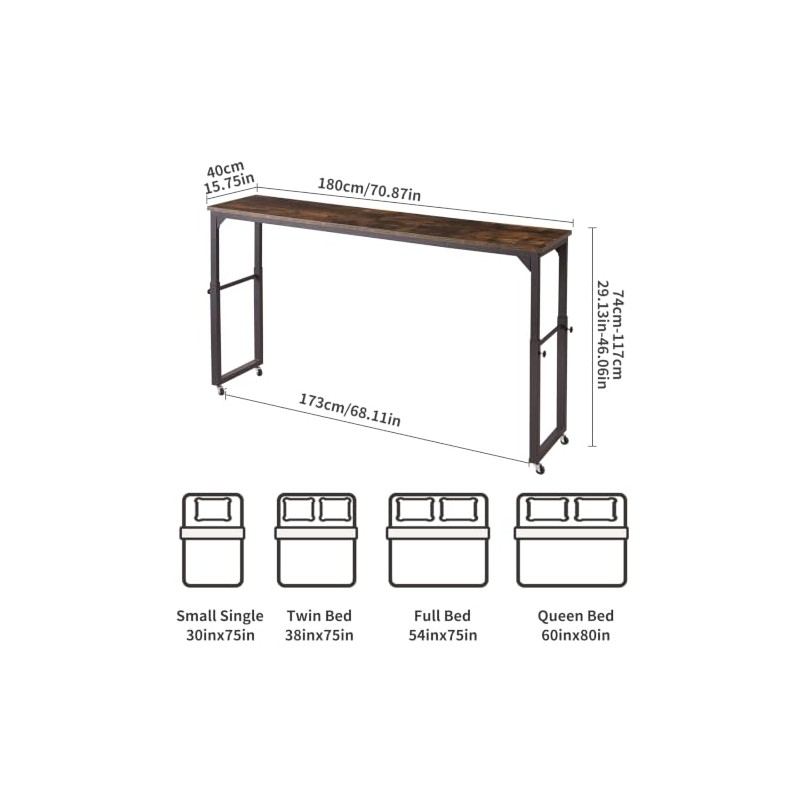 Aibiju Over Bed Desk with Wheels Adjustable Height, King Size