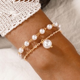 Aneneiceera Boho Pearl Bracelet Gold Bracelet Bridal Wedding Beads Bracelet Minimalist Celestial Bracelet Fashion Hand Chain Jewellery Bridesmaid Gifts for Women and Girls Gifts, Metal