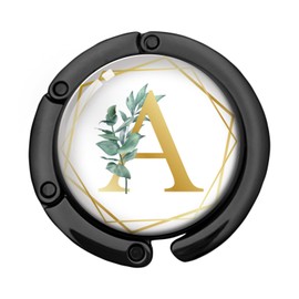 KANGYUSO Gold Initial Foldable Purse Hook Gifts, Eucalyptus Letter Handbag Hanger, Women's Bag Hanger Holder, Round Purse Table Hook, Funny Desk Decor Gifts for Women Coworker Friend (Eucalyptus A)