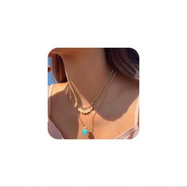 Boho Multilayer Sequin Chain Sequin Pendant Necklace Gold Sequins Choker Square Turquoise Necklace Thin Chain Sequin Tassel Necklace Multilayer Necklace for Women and Girls, Zinc