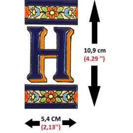 Handpainted polichrome ceramic tiles. letters and numbers handpainted using dry rope technique perfect to create signs,addresses and names. Design FLORES MEDIANO 4,29"X2,13" (LETTER H)