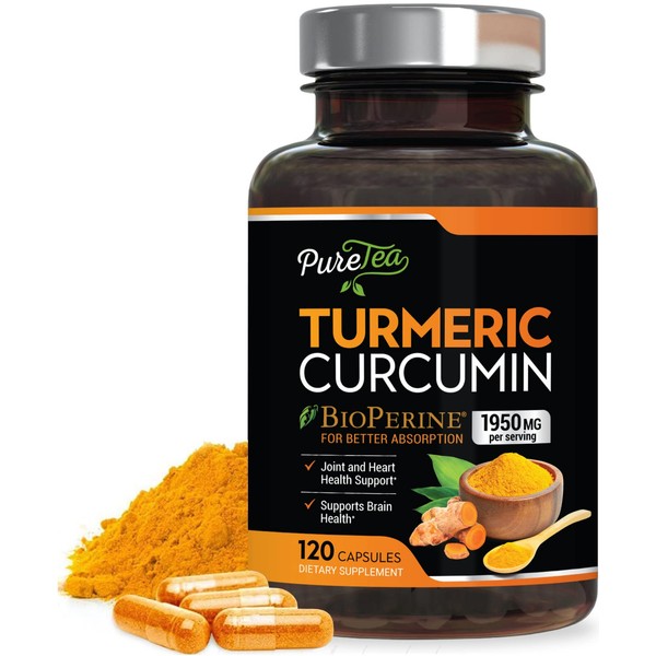 Turmeric Curcumin with BioPerine & Ginger 95% Standardized Curcuminoids 1950mg - Black Pepper for Max Absorption, Natural Joint Support, Nature's Tumeric Extract Supplement Non-GMO - 120 Capsules