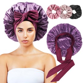 Non Slip Satin Bonnet for Sleeping Women with 3 Scrunchies,Double Layer Hair Bonnet for Sleeping with Tie Band for Shower Cap Curly Hair Braids (Plum Purple)