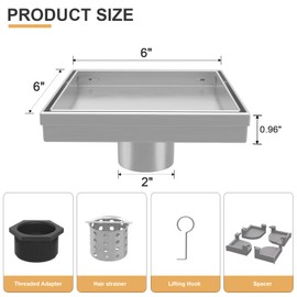EBYTE Square Shower Drain, 6 Inch Brushed Nickel 304 Stainless Steel Shower Drain with 2-in-1 Tile Insert Panels, Hair Catcher, Shower Floor Drain, Fits Bathroom, Balcony, Hotel, School