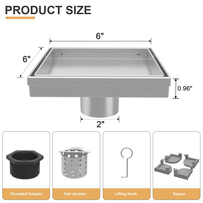 EBYTE Square Shower Drain, 6 Inch Brushed Nickel 304 Stainless