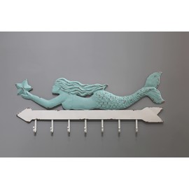 Creative Co-Op Aqua & White Metal Mermaid Wall Décor with 7 Hooks, 16 Inch Long