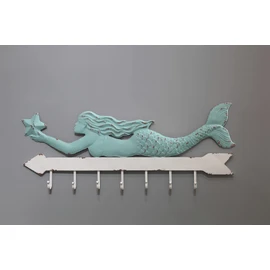 Creative Co-Op Aqua & White Metal Mermaid Wall Décor with 7 Hooks, 16 Inch Long