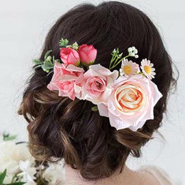Fangsen Elegant Pink Handmade Floral Hair Comb - Wedding Hair Accessories with Vintage Daisy Sunflower Rose Buds - Silk Flower Hair Comb for Bridal Hairstyles Black