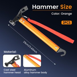 2Pack Aluminium Camping Hammer With Hook 3-In-1 Carbon Steel Tent Stake Hammer Lightweight Portable Multifunctional Tent Stake Puller For Camping Hiking Outdoor Orange