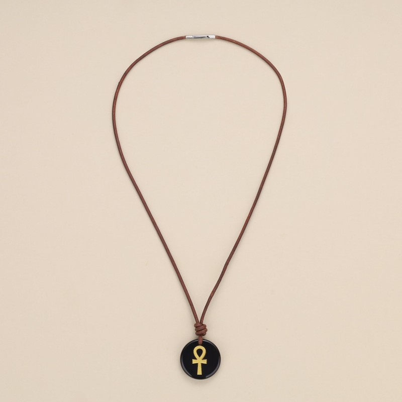 COAI Black Obsidian Necklace for Men Women, Genuine Leather Ankh