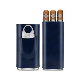 CIGARLOONG 3 Finger Leather Cigar Case Set,Cedar Wood Lined Humidor with Stainless Steel Cigar Cutter,Gift for Cigar Lovers (Blue)