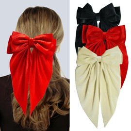 Loqpol 3 PCS Large Velvet Hair Bows, Oversized Long Tail Bows with Aliigator Clips, Coquette Hair Accessories for Women and Girls (Black - Red - White)