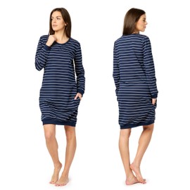 Merry Style MS10-180 Women's Long-Sleeved Cotton Nightdress, Navy/White Stripes