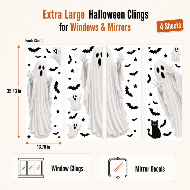 Large Ghost Halloween Window Clings & Mirror Decals, 4 Sheets