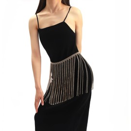 CHIC DIARY Glitter Rhinestone Belt Body Chain Fringe Skirt Chain Belt Waist Chain Decorative Rhinestone Hip Chain Silver/Gold, gold