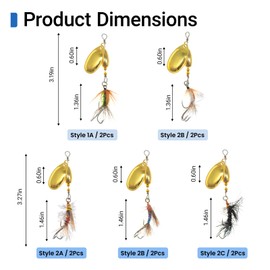 FREGITO 10Pcs Fishing Spinner Lure Kit - Brass Spinner Blades with Fly Hooks, Rotating Metal Spinner Baits for Freshwater & Saltwater Fishing, High-Reflection Fishing Lures