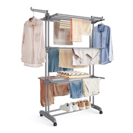 SONGMICS SONGMICS Clothes Drying Rack Stand 4-Tier, Foldable Laundry Drying Rack 68.1-Inch Tall, Steel, Rolling Clothes Horses Dryer Rack, Easy to Assemble, Indoor Outdoor Use, Dove Gray ULLR701G01